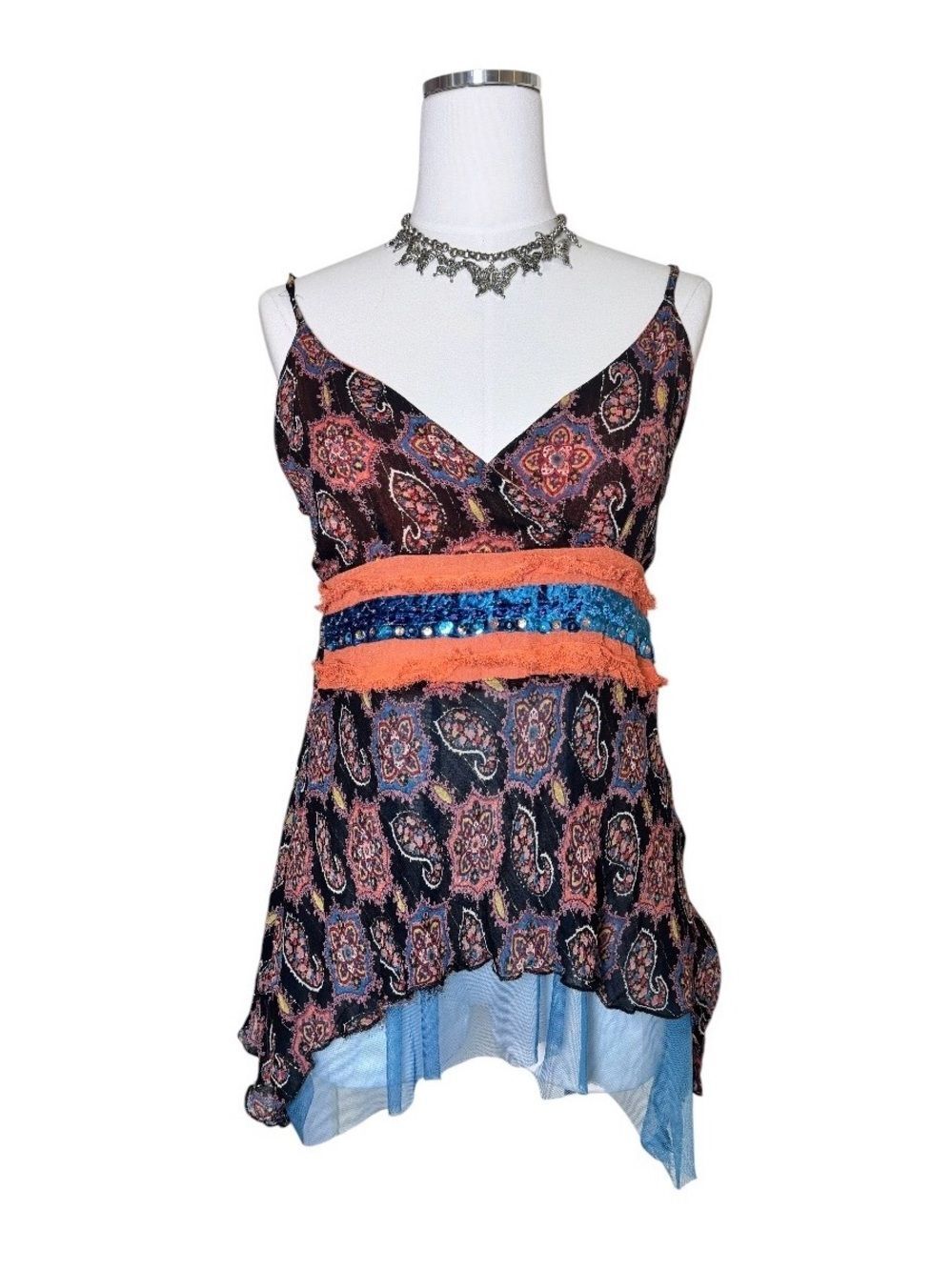 Y2K Angie Black Boho Paisley Fairy Beaded Asymmetrical Cami Top Size Large